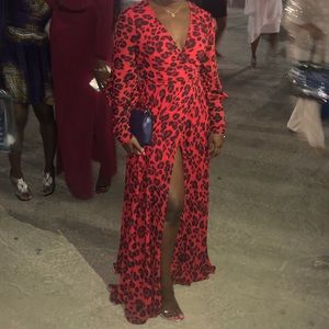 Red Animal Print Long Wrap Dress